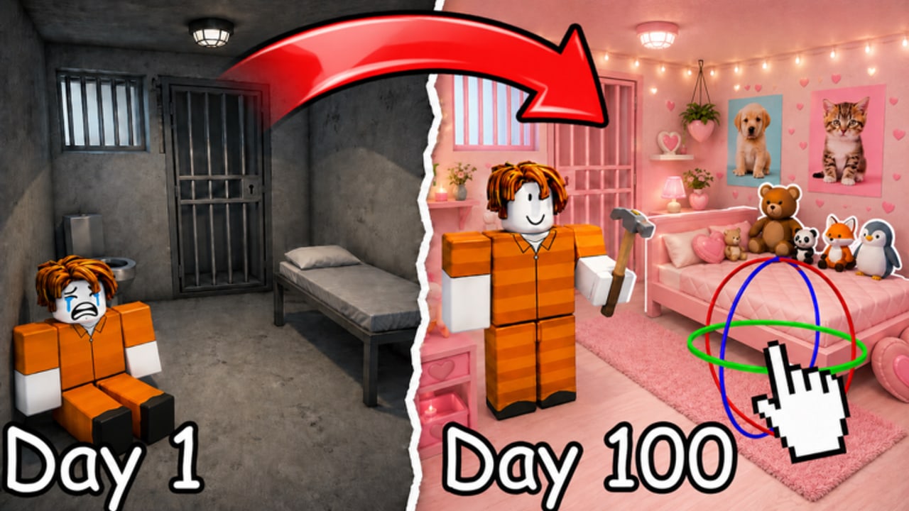 Official My Jail Cell comparison of a bare Day 1 cell and a decorated Day 100 room with furniture and pets